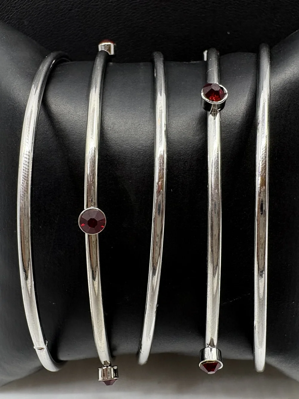 Silver Tone Bangle Set with Red Crystal Accents